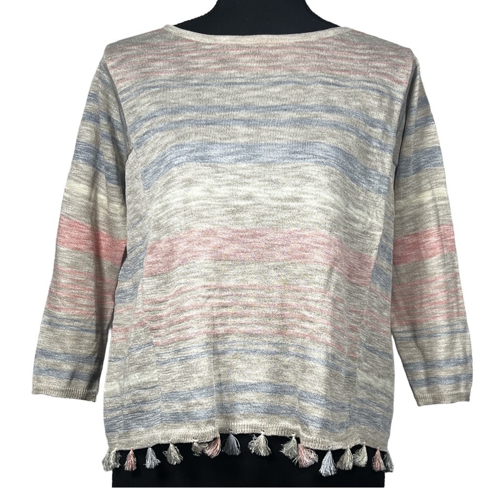 Joseph A. Blue and Pink Striped Blouse with Tassels, Size Small